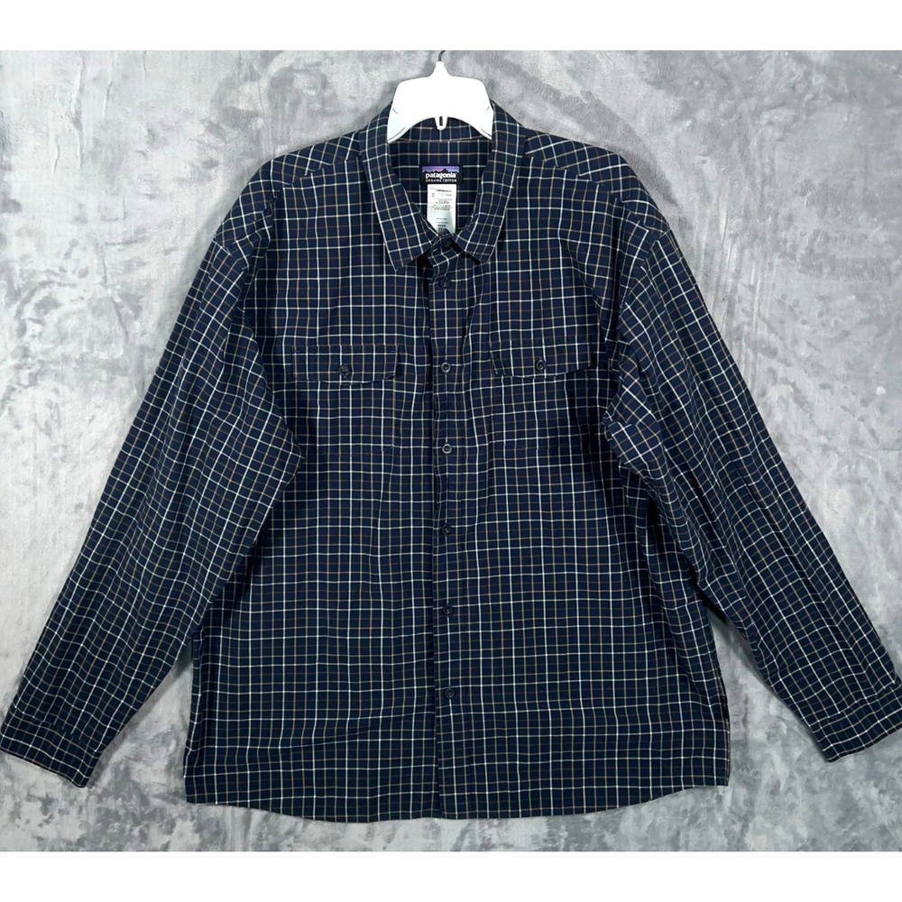Patagonia Buck Short Shirt Mens 2XL‎ Button Up Plaid Navy Blue Long Sleeve Work